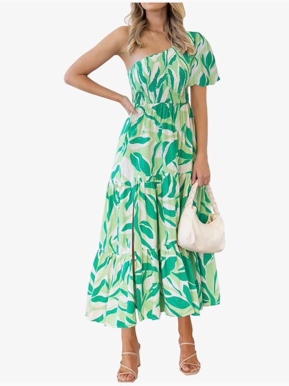 One-Shoulder Green Leaf Print Maxi Dress